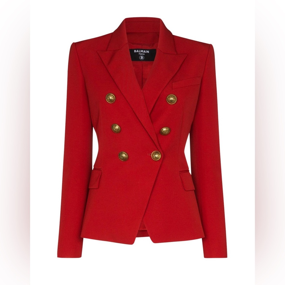 BALMAIN Classic Red Wool Blazer with Button Detail. SZ 44 (US SZ 12). NWT.